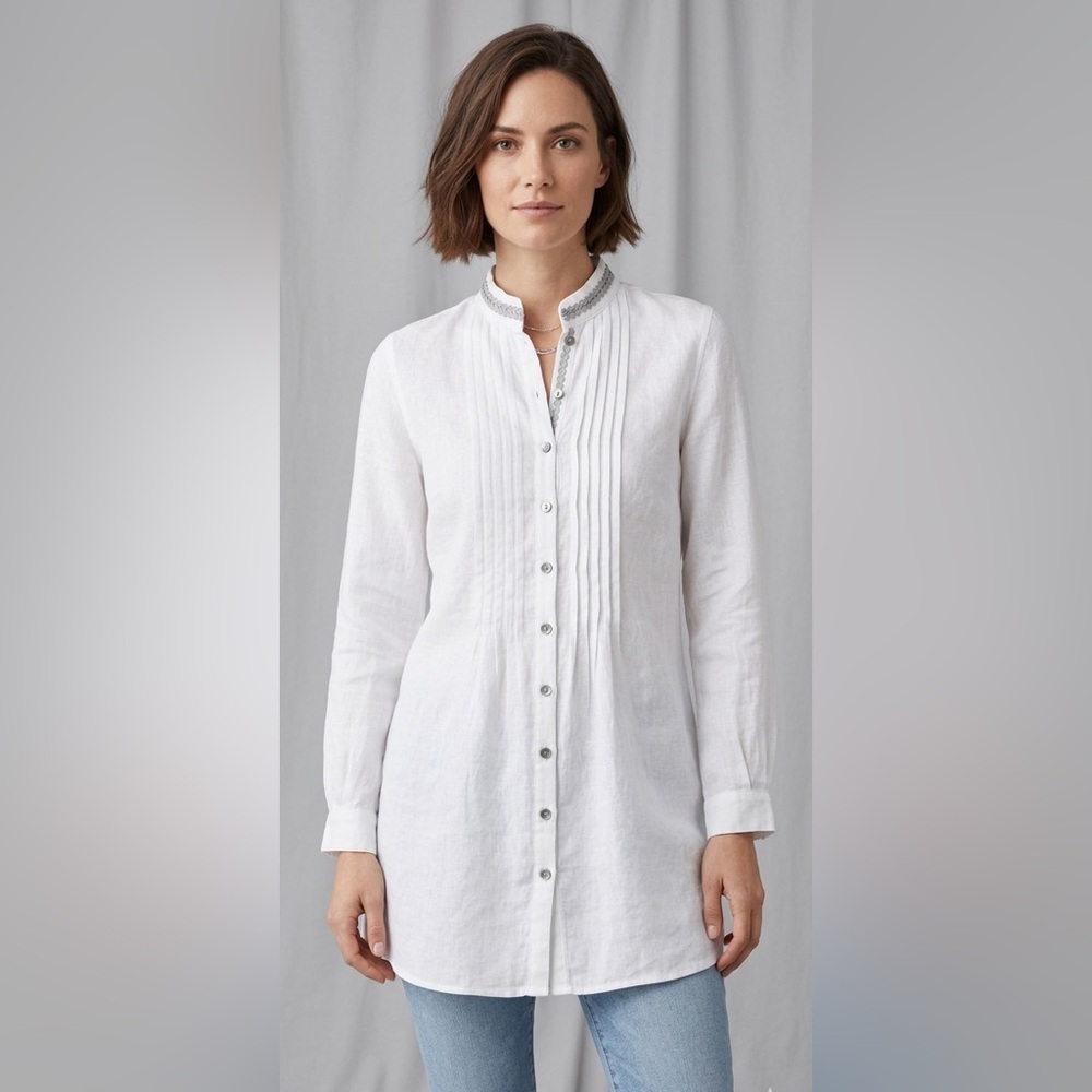 Max Volmary Diamonds And Pearls 100% LINEN White T Shirt Blouse Dress Cardigan 4